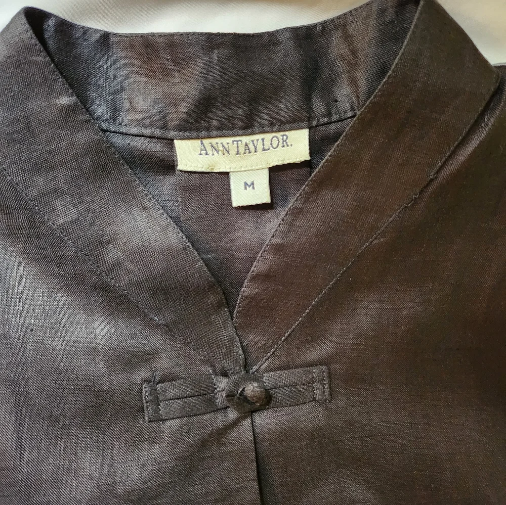 VINTAGE ANN TAYLOR 100% Linen Chinese Tunic Top M - Picture 4 of 6